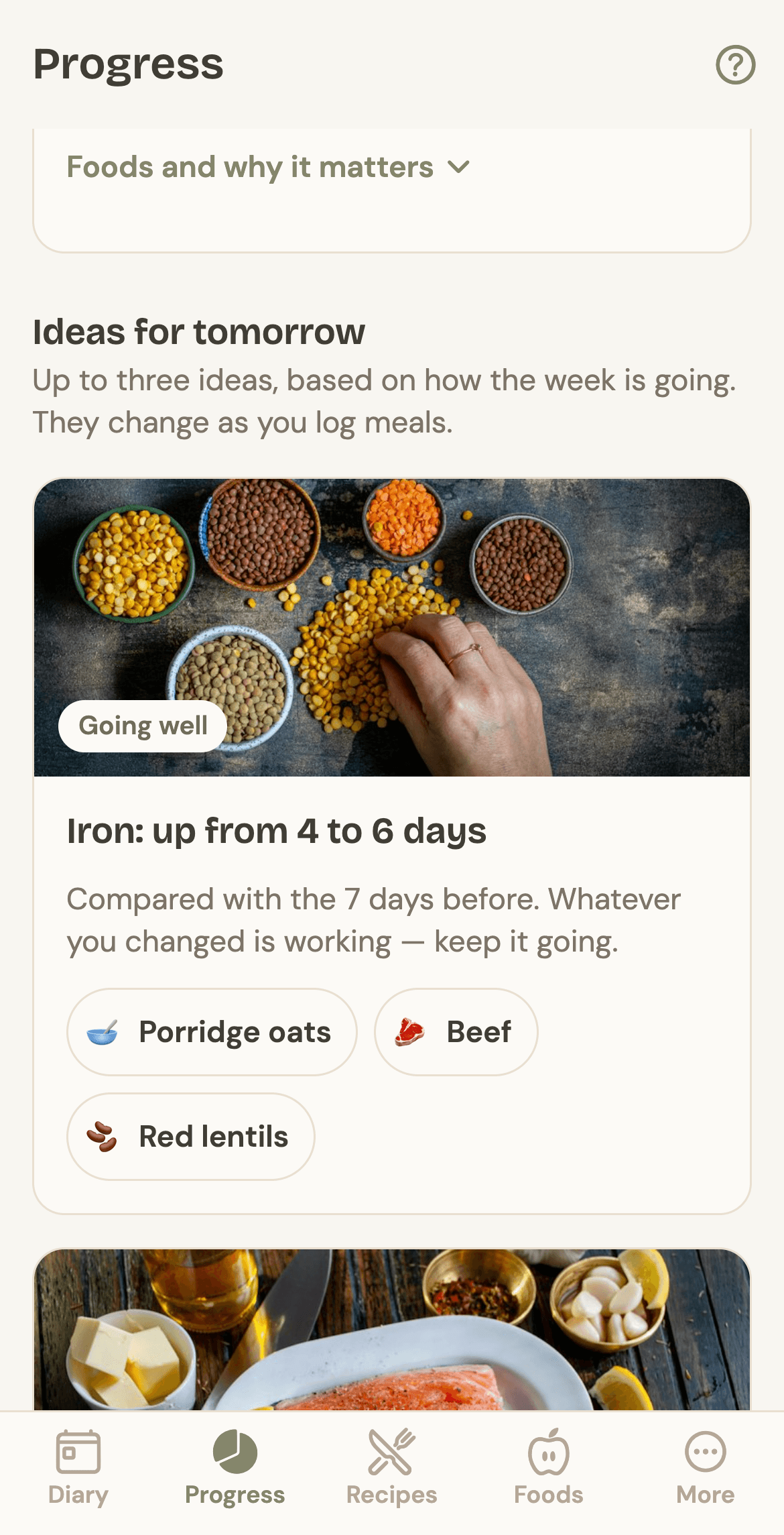 Niblet’s Progress screen, Ideas for tomorrow: iron is up from 4 to 6 days, with porridge oats, beef and red lentils.