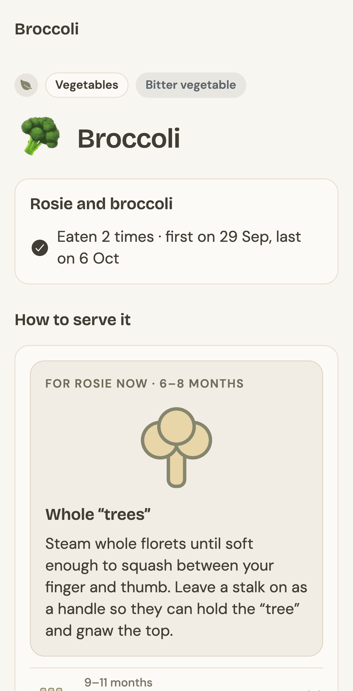 Niblet’s food page for broccoli: How to serve it, for Rosie now at 6–8 months, steam whole florets into soft “trees” with a stalk as a handle.