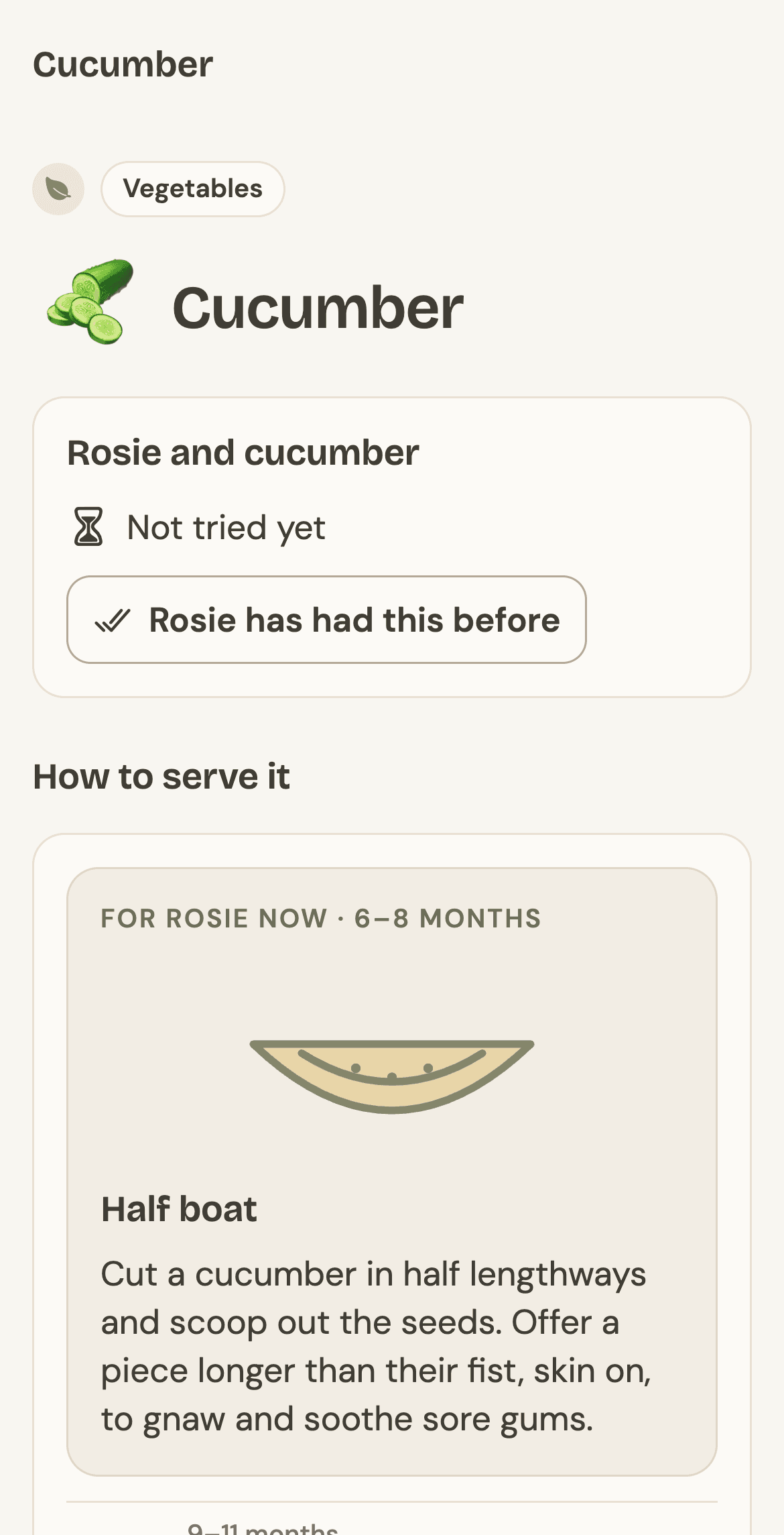 Niblet’s food page for cucumber: How to serve it, for Rosie now at 6–8 months, a half boat with the seeds scooped out.