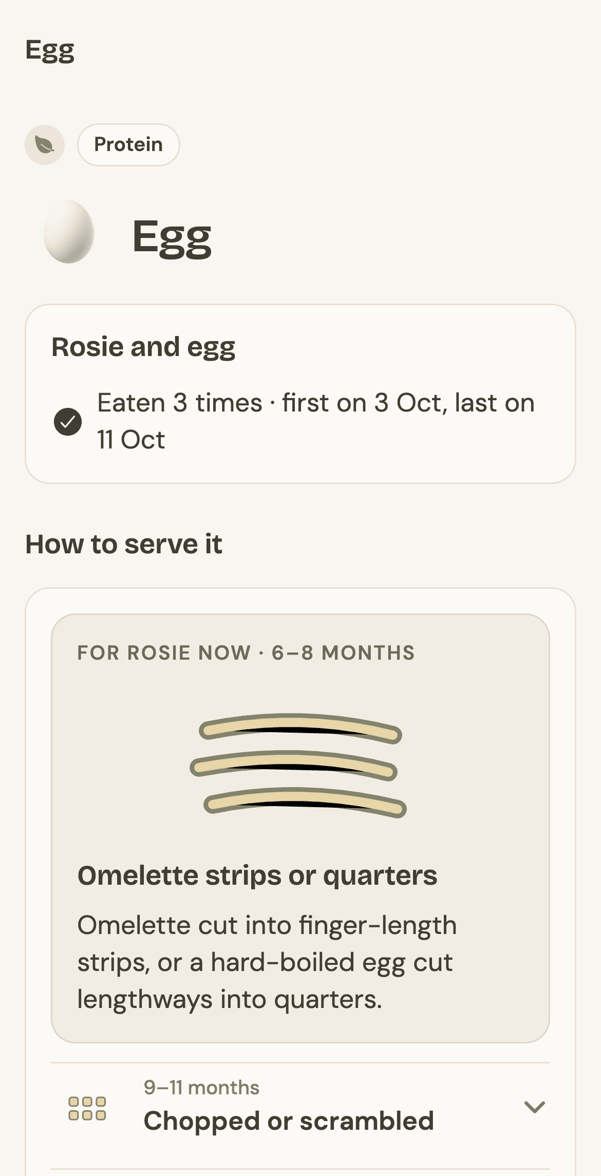 Niblet’s food page for egg: eaten 3 times, with how to prepare it, a note on British Lion eggs and how to introduce an allergen.