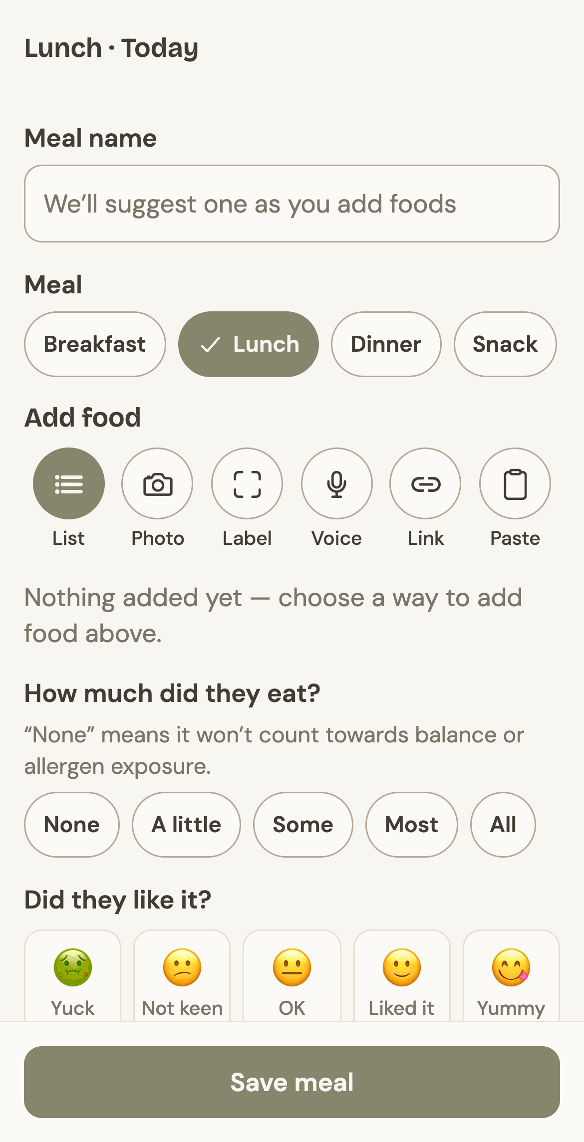Adding lunch in Niblet: buttons for List, Photo, Label, Voice, Link and Paste, then how much they ate and whether they liked it.