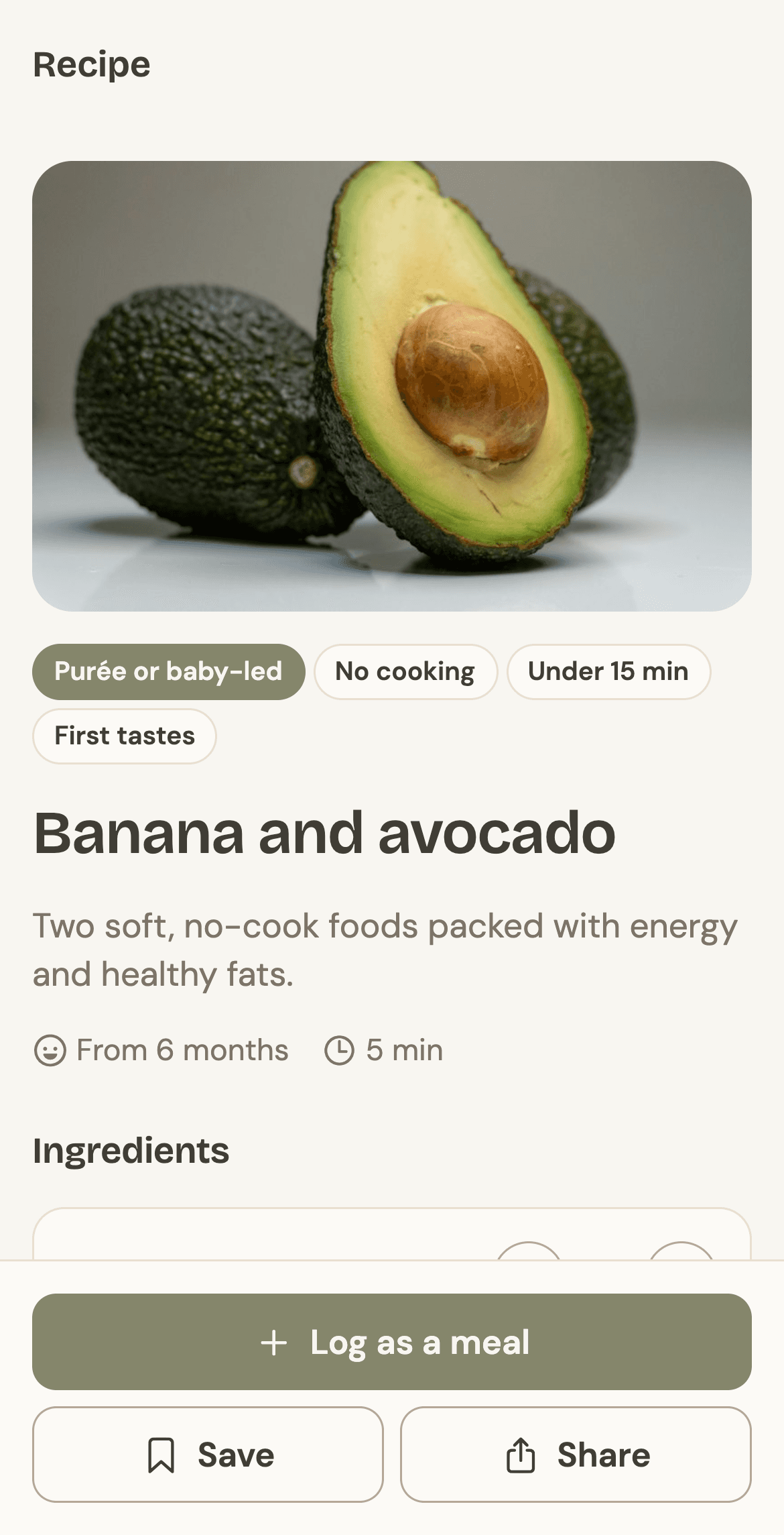 The banana and avocado recipe in Niblet: from 6 months, 5 minutes, makes 2 baby portions, with Log as a meal, Save and Share buttons.