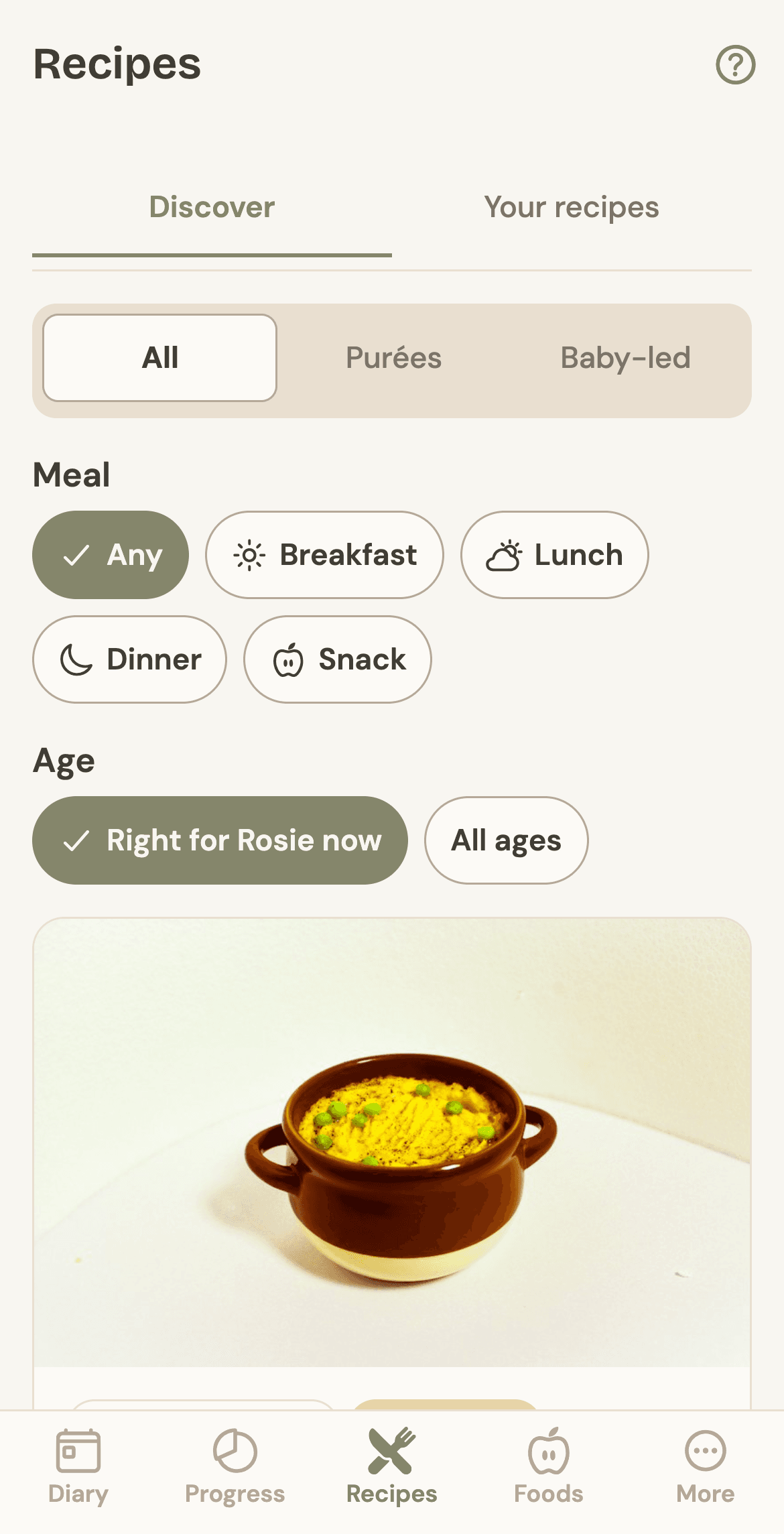 Niblet’s Recipes screen, Discover tab: filters for purées or baby-led, meal and age, with recipes like mini fish pies and chicken, apricot and rice.